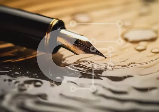 Intra Συλλεκτικό Ξύλινο Παζλ Plywood  4mm - Κοντινό πλάνο ενός στυλό σε ανακλαστική επιφάνεια με σταγονίδια νερού Σε Ξύλινο Κουτί - Διαστάσεις: 10x10 cm – 25 κομμάτια