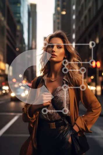 Intra Συλλεκτικό Ξύλινο Παζλ Plywood  4mm - Γυναίκα ουδέτερης έκφρασης με δερμάτινη φούστα στο City Street στο σούρουπο Σε Ξύλινο Κουτί - Διαστάσεις Puzzle: 10x10 cm – 25 κομμάτια