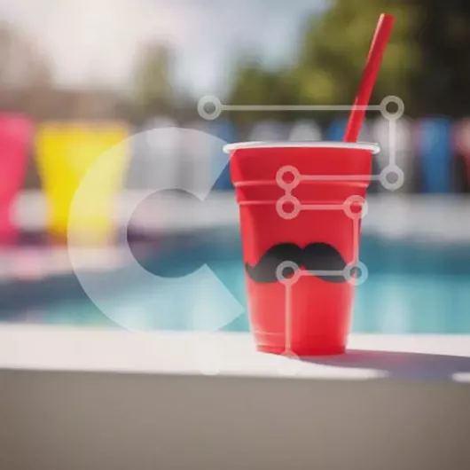 Intra Συλλεκτικό Ξύλινο Παζλ Plywood  4mm - Κόκκινο πλαστικό κύπελλο με μαύρο μουστάκι άχυρο δίπλα σε μια πισίνα Σε Ξύλινο Κουτί - Διαστάσεις Puzzle: 10x10 cm – 25 κομμάτια