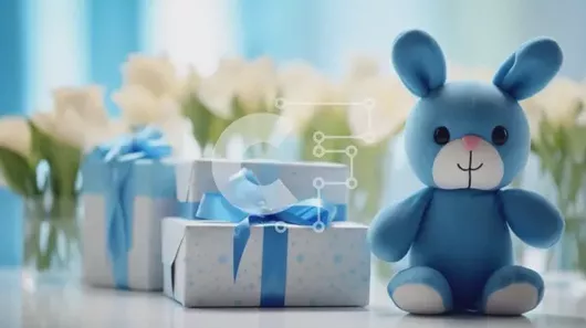 Intra Συλλεκτικό Ξύλινο Παζλ Plywood  4mm - Μπλε Μπάνι Γεμιστά Ζώα και Κουτιά Δώρου με Λευκές τουλίπες Σε Ξύλινο Κουτί - Διαστάσεις: 10x10 cm – 25 κομμάτια