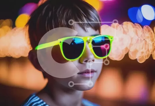 Intra Συλλεκτικό Ξύλινο Παζλ Plywood  4mm - Νεαρό αγόρι με γυαλιά ηλίου νέον σε πολύχρωμα νυχτερινά φώτα Σε Ξύλινο Κουτί - Διαστάσεις Puzzle: 10x10 cm – 25 κομμάτια