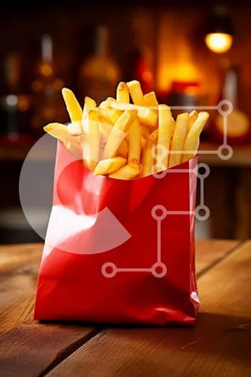 Intra Συλλεκτικό Ξύλινο Παζλ Plywood  4mm - Κόκκινη τσάντα με τηγανιτές πατάτες σε ένα ξύλινο τραπέζι Σε Ξύλινο Κουτί - Διαστάσεις: 10x10 cm – 25 κομμάτια