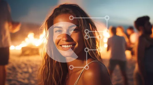 Intra Συλλεκτικό Ξύλινο Παζλ Plywood  4mm - Νεαρή γυναίκα που χαμογελά μπροστά από ένα ανοιχτό λάκκο πυρκαγιάς Σε Ξύλινο Κουτί - Διαστάσεις Puzzle: 10x10 cm – 25 κομμάτια