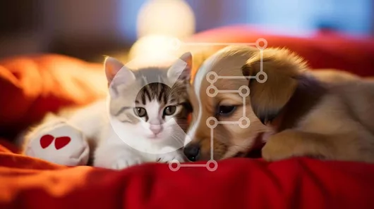 Intra Συλλεκτικό Ξύλινο Παζλ Plywood  4mm - Γάτα και σκύλος με κόκκινα ρούχα στριμωγμένα μαζί Σε Ξύλινο Κουτί - Διαστάσεις: 10x10 cm – 25 κομμάτια