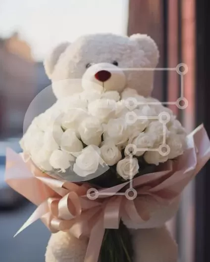 Intra Συλλεκτικό Ξύλινο Παζλ Plywood  4mm - Μπουκέτο Λευκό αρκουδάκι με λευκά τριαντάφυλλα Σε Ξύλινο Κουτί - Διαστάσεις Puzzle: 10x10 cm – 25 κομμάτια