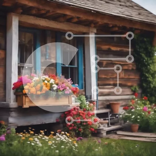 Intra Συλλεκτικό Ξύλινο Παζλ Plywood  4mm - Ξύλινη καμπίνα με πολύχρωμα λουλούδια στην μπροστινή αυλή Σε Ξύλινο Κουτί - Διαστάσεις: 10x10 cm – 25 κομμάτια