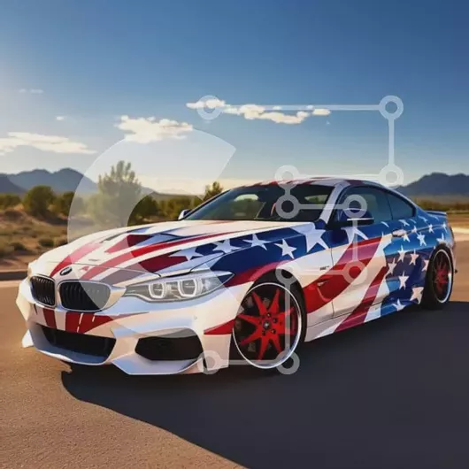 Intra Συλλεκτικό Ξύλινο Παζλ Plywood  4mm - Προσαρμοσμένο αυτοκίνητο αμερικανικής σημαίας στον έρημο δρόμο Σε Ξύλινο Κουτί - Διαστάσεις Puzzle: 10x10 cm – 25 κομμάτια