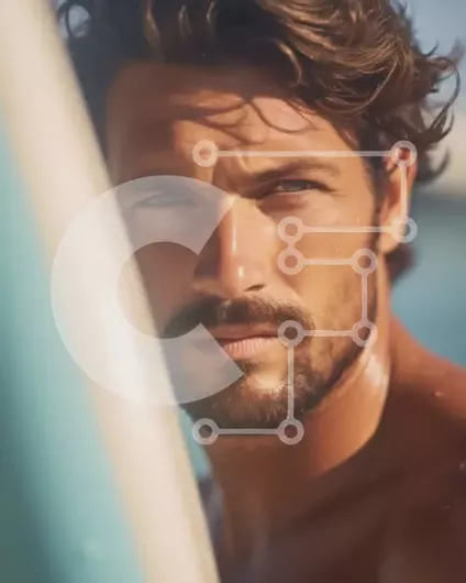 Intra Συλλεκτικό Ξύλινο Παζλ Plywood  4mm - Έντονο πορτρέτο σέρφερ σε μια παραλία με καταγάλανα νερά Σε Ξύλινο Κουτί - Διαστάσεις Puzzle: 10x10 cm – 25 κομμάτια