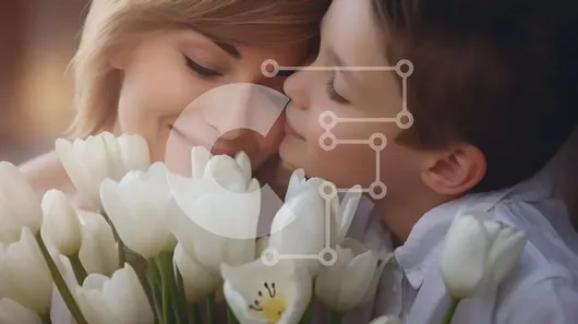 Intra Συλλεκτικό Ξύλινο Παζλ Plywood  4mm - Νεαρό αγόρι που φιλά τη μητέρα με τις λευκές τουλίπες Σε Ξύλινο Κουτί - Διαστάσεις Puzzle: 10x10 cm – 25 κομμάτια