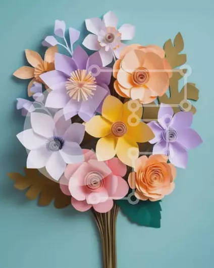 Intra Συλλεκτικό Ξύλινο Παζλ Plywood  4mm - Πολύχρωμο χάρτινο μπουκέτο λουλουδιών σε μπλε φόντο Σε Ξύλινο Κουτί - Διαστάσεις Puzzle: 10x10 cm – 25 κομμάτια