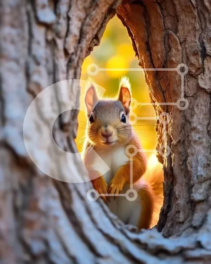 Intra Συλλεκτικό Ξύλινο Παζλ Plywood  4mm - Όμορφη εικόνα του κόκκινου σκίουρου που κρυφοκοιτάζει από μια κοιλότητα δέντρου Σε Ξύλινο Κουτί - Διαστάσεις: 10x10 cm – 25 κομμάτια