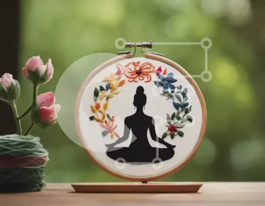 Intra Συλλεκτικό Ξύλινο Παζλ Plywood  4mm - Κέντημα τσέρκι με γυναίκα σε πόζα γιόγκα και λουλούδια Σε Ξύλινο Κουτί - Διαστάσεις Puzzle: 10x10 cm – 25 κομμάτια