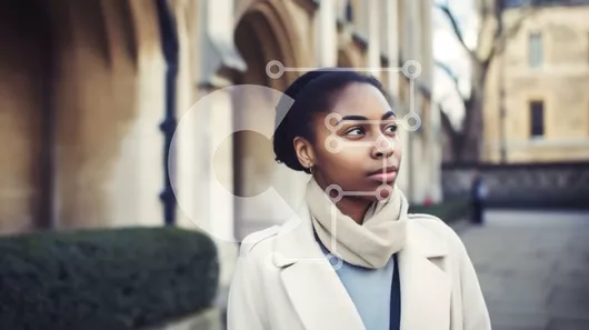 Intra Συλλεκτικό Ξύλινο Παζλ Plywood  4mm - Όμορφη νεαρή γυναίκα με λευκό παλτό που στέκεται στο πεζοδρόμιο μπροστά από το πέτρινο κτίριο Σε Ξύλινο Κουτί - Διαστάσεις Puzzle: 10x10 cm – 25 κομμάτια