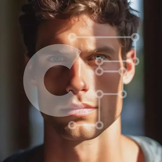 Intra Συλλεκτικό Ξύλινο Παζλ Plywood  4mm - Πορτρέτο ενός άνδρα με κοντά σγουρά καστανά μαλλιά και μπλε μάτια Σε Ξύλινο Κουτί - Διαστάσεις Puzzle: 10x10 cm – 25 κομμάτια