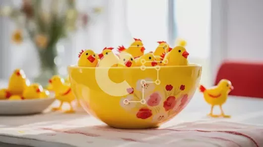 Intra Συλλεκτικό Ξύλινο Παζλ Plywood  4mm - Χαρούμενο και διασκεδαστικό κίτρινο μπολ με ειδώλια κοτόπουλου Σε Ξύλινο Κουτί - Διαστάσεις Puzzle: 10x10 cm – 25 κομμάτια