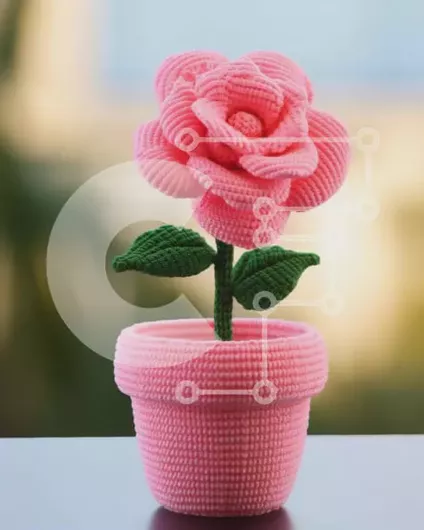 Intra Συλλεκτικό Ξύλινο Παζλ Plywood  4mm - Τοποθέτηση τέχνης με ροζ κροσέ γλάστρα Σε Ξύλινο Κουτί - Διαστάσεις Puzzle: 10x10 cm – 25 κομμάτια