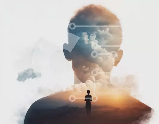 Intra Συλλεκτικό Ξύλινο Παζλ Plywood  4mm - Σιλουέτα ενός ανθρώπου στον ουρανό με τα σύννεφα Σε Ξύλινο Κουτί - Διαστάσεις Puzzle: 10x10 cm – 25 κομμάτια