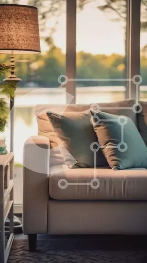 Intra Συλλεκτικό Ξύλινο Παζλ Plywood  4mm - Όμορφη εικόνα ενός σαλονιού με έναν λευκό καναπέ και μπλε μαξιλάρια Σε Ξύλινο Κουτί - Διαστάσεις Puzzle: 10x10 cm – 25 κομμάτια