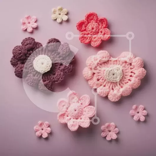 Intra Συλλεκτικό Ξύλινο Παζλ Plywood  4mm - Κροσέ λουλούδια σε σχήμα καρδιάς σε μωβ φόντο Σε Ξύλινο Κουτί - Διαστάσεις Puzzle: 10x10 cm – 25 κομμάτια