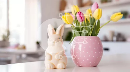 Intra Συλλεκτικό Ξύλινο Παζλ Plywood  4mm - Ροζ κουνελάκι με βάζα τουλίπας και φυτά σε γλάστρες Σε Ξύλινο Κουτί - Διαστάσεις Puzzle: 10x10 cm – 25 κομμάτια