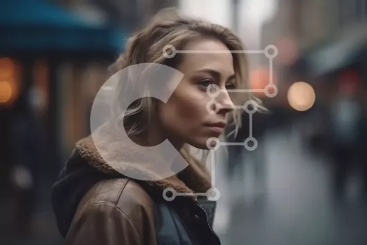 Intra Συλλεκτικό Ξύλινο Παζλ Plywood  4mm - Στοχαστική νεαρή γυναίκα με δερμάτινο μπουφάν στο City Street Σε Ξύλινο Κουτί - Διαστάσεις Puzzle: 10x10 cm – 25 κομμάτια