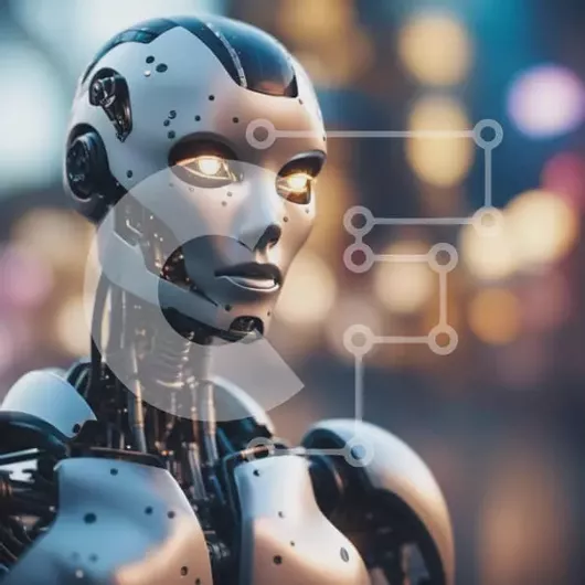 Intra Συλλεκτικό Ξύλινο Παζλ Plywood  4mm - Κοντινό πλάνο ρομπότ τεχνητής νοημοσύνης με φωτεινά κίτρινα μάτια Σε Ξύλινο Κουτί - Διαστάσεις Puzzle: 10x10 cm – 25 κομμάτια