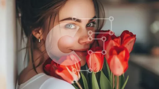 Intra Συλλεκτικό Ξύλινο Παζλ Plywood  4mm - Ευτυχισμένη νεαρή γυναίκα με τις κόκκινες τουλίπες Σε Ξύλινο Κουτί - Διαστάσεις Puzzle: 10x10 cm – 25 κομμάτια