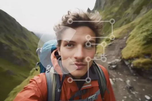 Intra Συλλεκτικό Ξύλινο Παζλ Plywood  4mm - Χαμογελαστός πεζοπόρος στο βραχώδες μονοπάτι στα βουνά Σε Ξύλινο Κουτί - Διαστάσεις Puzzle: 10x10 cm – 25 κομμάτια