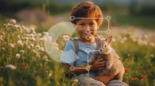 Intra Συλλεκτικό Ξύλινο Παζλ Plywood  4mm - Αξιολάτρευτη εικόνα του νεαρού αγοριού που κρατά ένα κουνέλι σε ένα χωράφι με αγριολούλουδα Σε Ξύλινο Κουτί - Διαστάσεις Puzzle: 10x10 cm – 25 κομμάτια