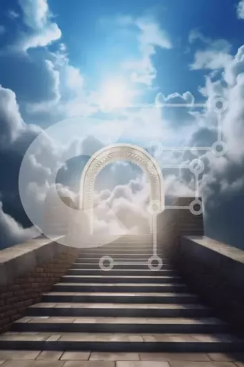 Intra Συλλεκτικό Ξύλινο Παζλ Plywood  4mm - Εικόνα μιας σκάλας που οδηγεί σε μια πύλη στον ουρανό με σύννεφα στο φόντο Σε Ξύλινο Κουτί - Διαστάσεις Puzzle: 10x10 cm – 25 κομμάτια