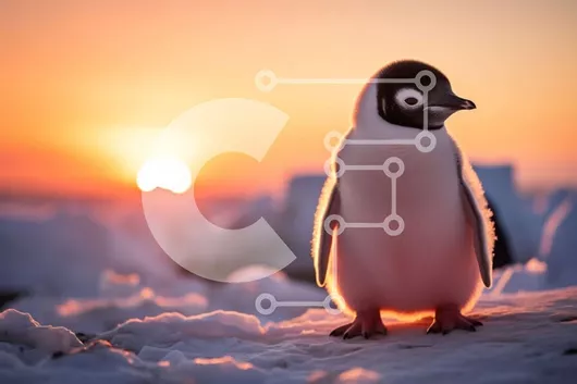 Intra Συλλεκτικό Ξύλινο Παζλ Plywood  4mm - Αξιολάτρευτος πιγκουίνος που στέκεται στη χιονισμένη επιφάνεια με το ηλιοβασίλεμα Σε Ξύλινο Κουτί - Διαστάσεις: 10x10 cm – 25 κομμάτια