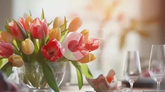 Intra Συλλεκτικό Ξύλινο Παζλ Plywood  4mm - Πολύχρωμες τουλίπες σε γυάλινο βάζο στο τραπέζι φαγητού Σε Ξύλινο Κουτί - Διαστάσεις: 10x10 cm – 25 κομμάτια