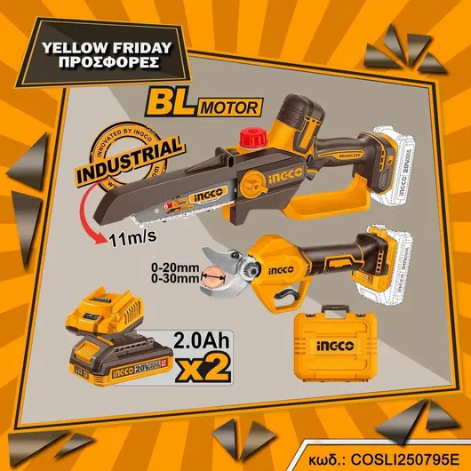 Ingco Σετ Αλυσοπρίονο με Ψαλίδι Κλαδέματος Brushless 20V με 2 Μπαταρίες 2Ah & Θήκη