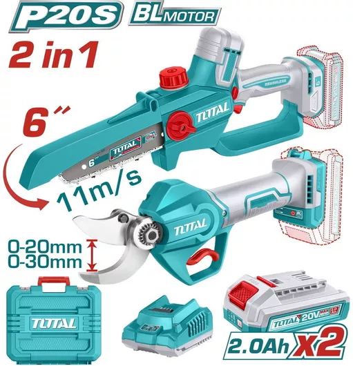 Total Σετ Αλυσοπρίονο & Ψαλίδι Κλαδέματος Brushless 20V με 2 Μπαταρίες 2Ah & Θήκη