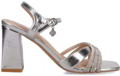 Migato Πέδιλο Ankle Strap με Στρας & Ψηλό Χοντρό Τακούνι 9cm Ασημί